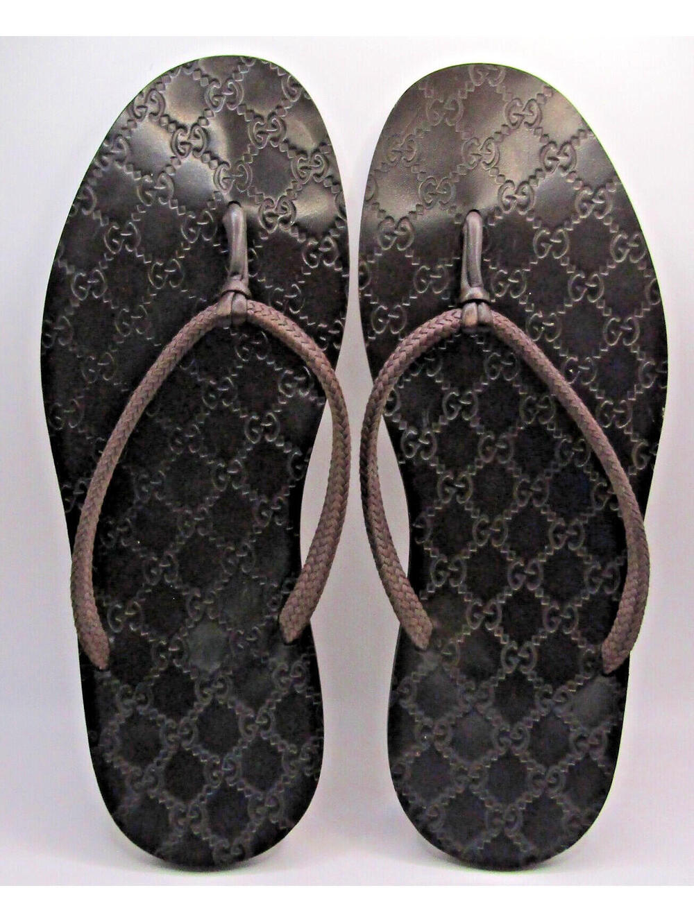 Men's Gucci Brown Leather Logo Sole Flip Flops Sandals Size 11D